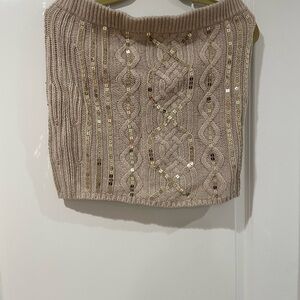 Moda International Women's Cable Knit Crew Sweater in Cream with Sequin Trim